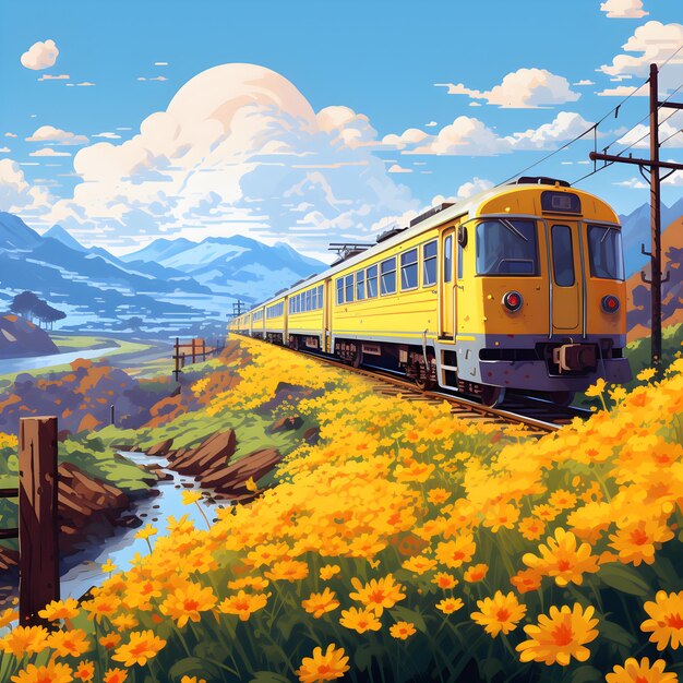 Foto la belleza en flor un viaje en tren por los campos de flores de studio ghibli