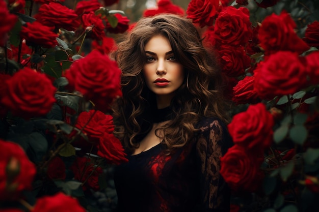 La belleza florece una pose exquisita de la mujer en medio de un rosal rojo ar 32