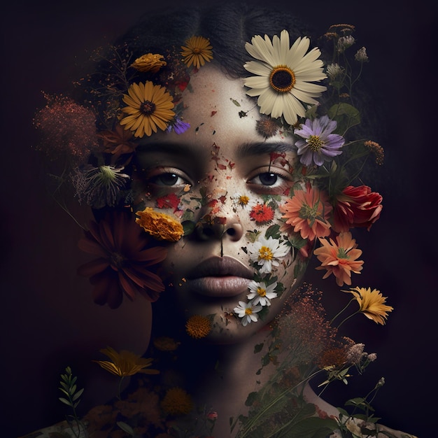 Belleza floreciente Un retrato de una mujer con flores incrustadas en su rostro ai generado