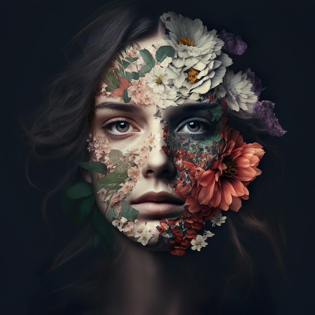 Belleza floreciente Un retrato de una mujer con flores incrustadas en su rostro ai generado