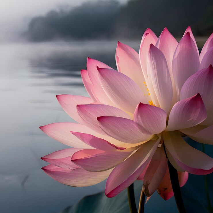 La belleza de las flores de loto rosas en la falta en el momento de la niebla puesta de sol