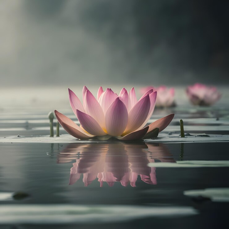 La belleza de las flores de loto rosas en la falta en el momento de la niebla puesta de sol