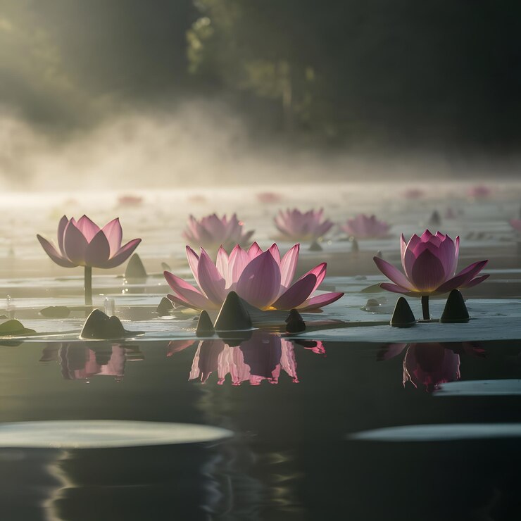 La belleza de las flores de loto rosas en la falta en el momento de la niebla puesta de sol