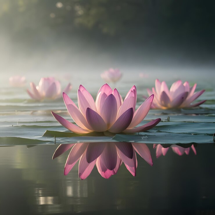 La belleza de las flores de loto rosas en la falta en el momento de la niebla puesta de sol