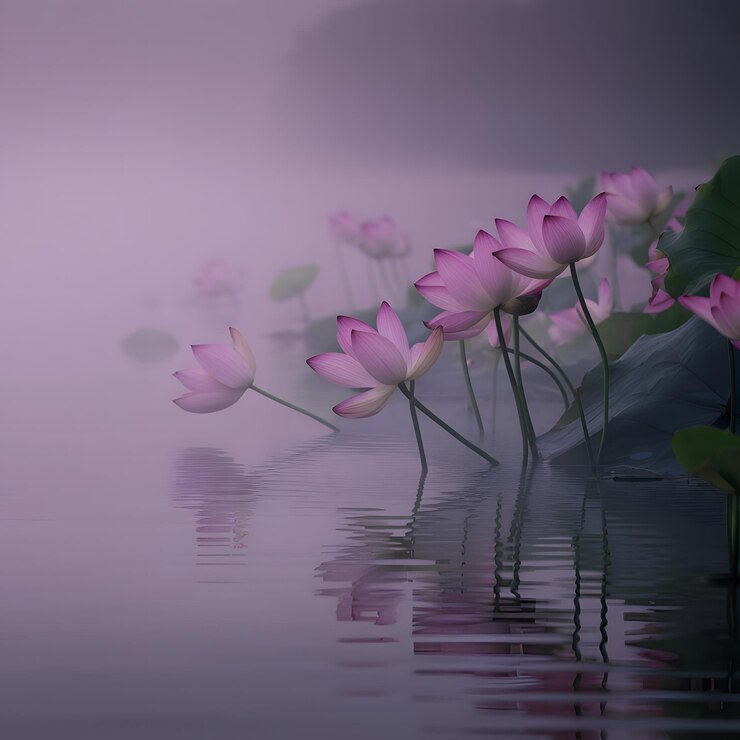 La belleza de las flores de loto rosas en la falta en el momento de la niebla puesta de sol