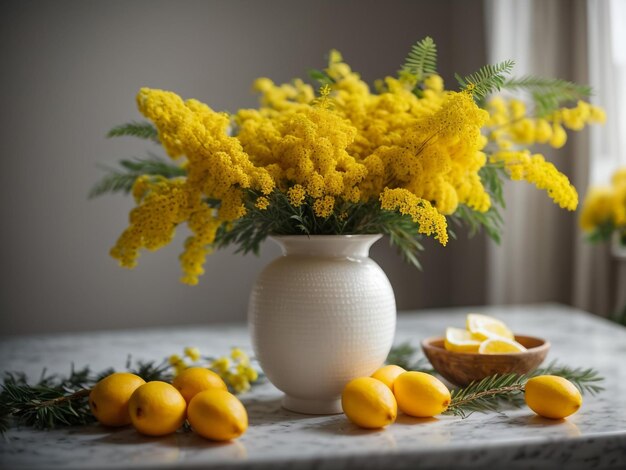 La belleza fotorrealista Un ramo de flores de mimosa en un jarrón de cerámica blanca