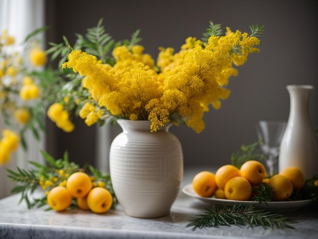 La belleza fotorrealista Un ramo de flores de mimosa en un jarrón de cerámica blanca