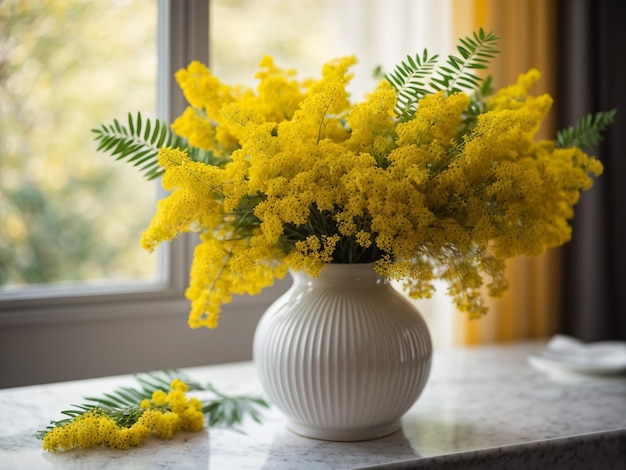 La belleza fotorrealista Un ramo de flores de mimosa en un jarrón de cerámica blanca