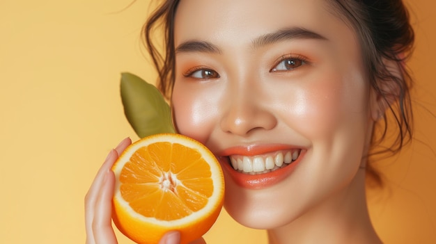 La belleza de la fruta y el retrato de la modelo feliz mujer étnica asiática con una naranja jugosa