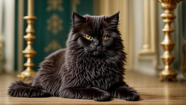 La belleza de un gato persa negro jugando en un suelo impecable con un fondo de color sólido muestra el