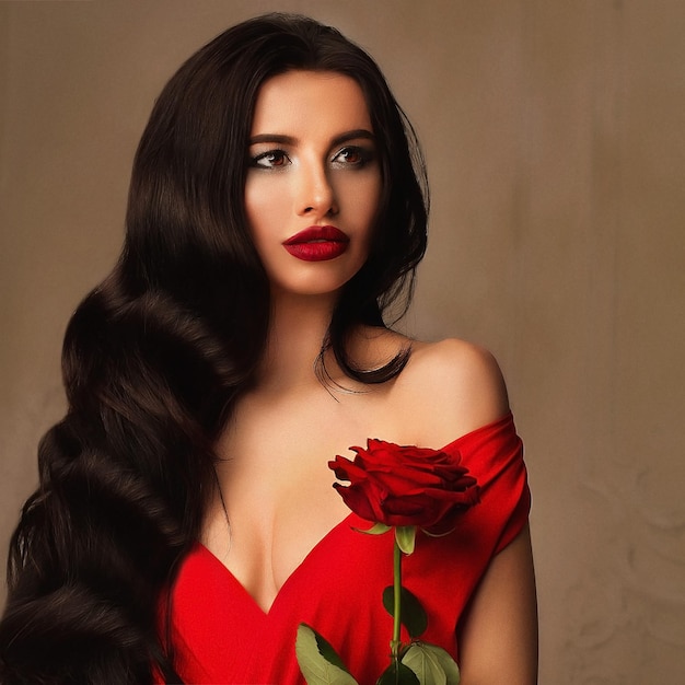 Belleza glamorosa. Modelo de moda de mujer morena perfecta en rojo. Peinado de noche, maquillaje y rosa roja.