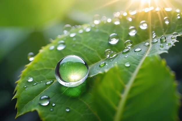 Belleza gota transparente de agua en una hoja verde macro con resplandor del sol hermosa imagen artística del medio ambiente naturaleza en primavera o verano