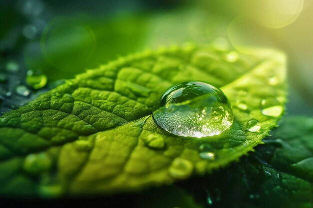 Belleza gota transparente de agua en una hoja verde macro con el resplandor del sol hermosa imagen artística