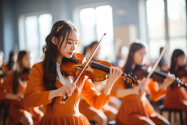 La belleza graciosa de una clase de violín donde los estudiantes practican apasionadamente sus habilidades