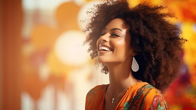 Belleza de una hermosa mujer africana con un fondo de flores coloridas