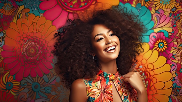 Belleza de una hermosa mujer africana con un fondo de flores coloridas