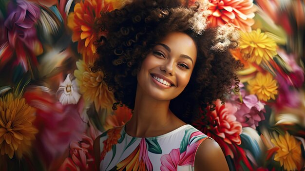 Belleza de una hermosa mujer africana con un fondo de flores coloridas