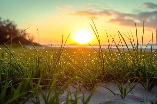 La belleza de la hora dorada la hierba verde bañada en el calor de la puesta de sol