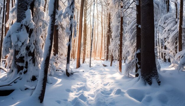 Belleza invernal árboles cubiertos de nieve luz del sol escena tranquila naturaleza obras de arte generadas por inteligencia artificial