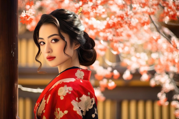 Foto belleza japonesa de la dama de la flor de cerezo en kimono tradicional