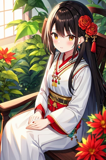 Belleza joven de dibujos animados vistiendo un hermoso traje de falda cheongsam clásica con decoración floral