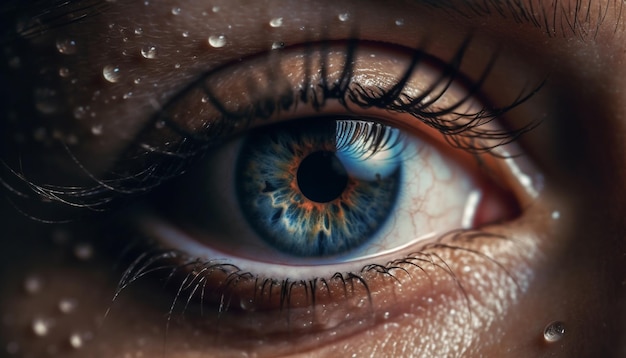 La belleza de la joven reflejada en sus ojos azules oscuros y húmedos generados por la inteligencia artificial
