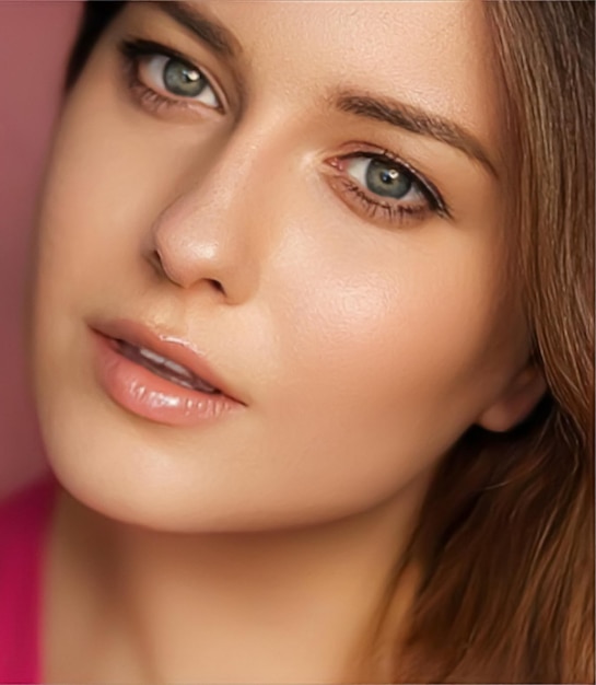 Belleza maquillaje y cuidado de la piel cosméticos modelo cara retrato sobre fondo rosa hermosa mujer con maquillaje natural piel sana perfecta brillo cuidado facial