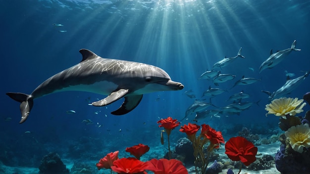 La belleza del mar Una impresionante imagen de un delfín nadando en el océano con flores