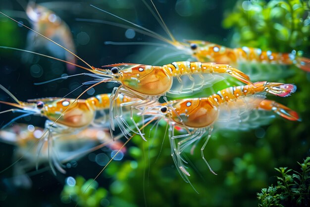 La belleza marina de cerca Los vivos colores de un camarón tropical de agua dulce