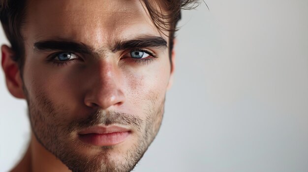 Foto belleza masculina retrato en primer plano de un joven hermoso aislado en un fondo de estudio blanco ia generativa