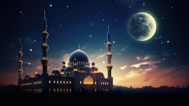 La belleza de la mezquita musulmana por la noche con la luna para el fondo del concepto de Ramadán imagen generada por IA