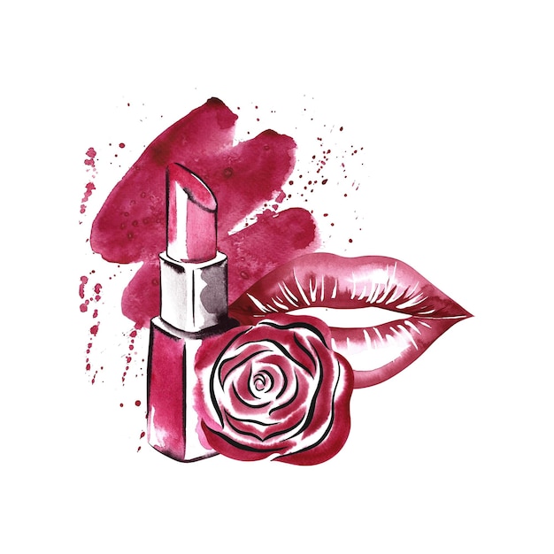 Belleza y moda Lápiz labial de labios y rosa en mancha de acuarela magenta Acuarela dibujada a mano