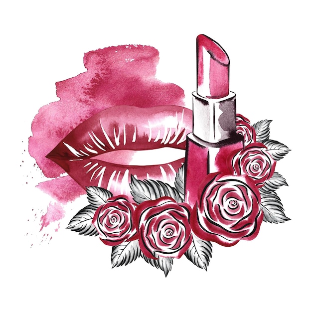 Belleza y moda Lápiz labial de labios y rosa en mancha de acuarela magenta Acuarela dibujada a mano