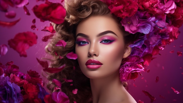 Belleza moda retrato maquillaje primer plano sombra de ojos lápiz labial brillante Fondo de pétalos de flores