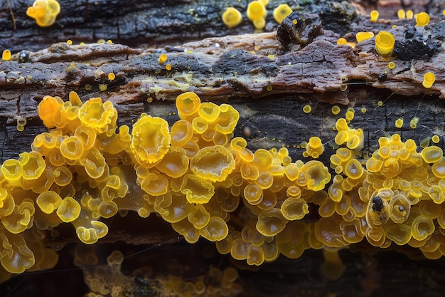 La belleza moldeada en descomposición Un primer plano de la red fúngica de esporas de moho de barro amarillo en el tronco