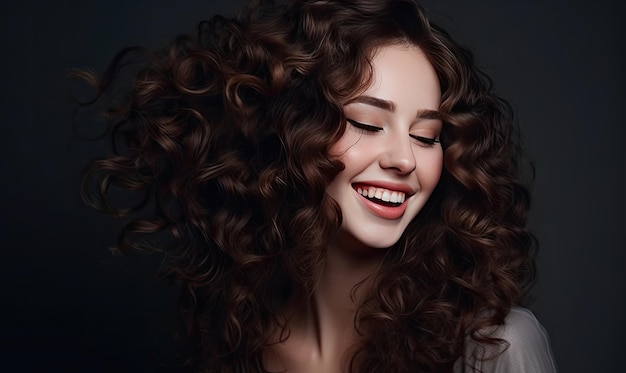 Belleza morena riendo con el cabello que fluye como un río creando utilizando herramientas de IA generativas