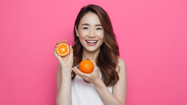 Foto belleza mujer asiática chica linda sentirse feliz sostener fruta de naranja para la buena salud en fondo rosa