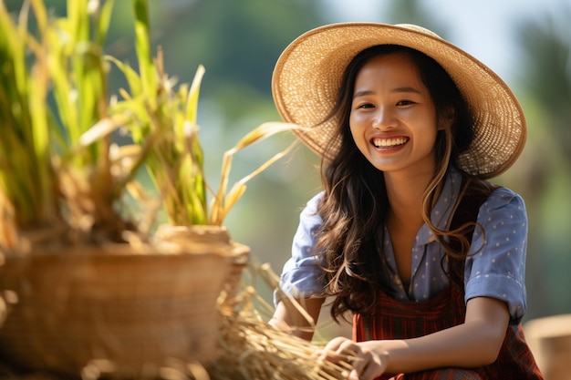 La belleza de la mujer asiática dueña de la granja con una sonrisa