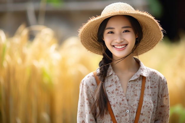 La belleza de la mujer asiática dueña de la granja con una sonrisa