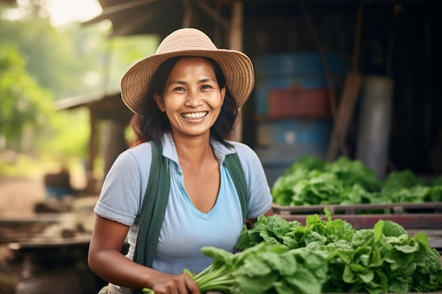 Foto la belleza de la mujer asiática dueña de la granja con una sonrisa