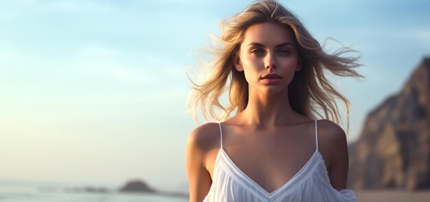 belleza mujer atractiva con vestido blanco en la playa