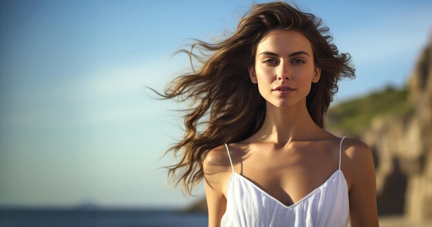 belleza mujer atractiva con vestido blanco en la playa