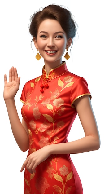 belleza mujer china con rojo cheongsam sonriendo en fondo blanco con ai generado