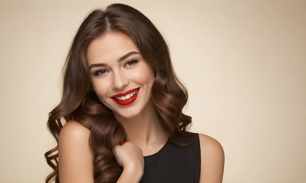 Belleza mujer elegante con vestido negro y lápiz labial rojo 3d render