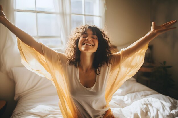 La belleza y la mujer linda levantando los brazos tan pronto como se despierta