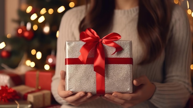 Belleza mujer manos sosteniendo caja de regalo con lazo rojo sobre fondo blanco Ai generativo