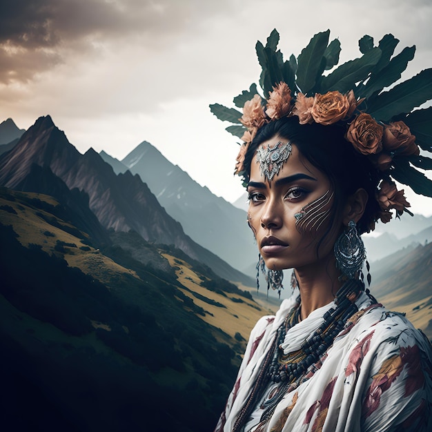 Belleza de la mujer nativa americana en un retrato con la majestuosa montaña