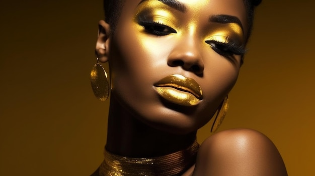 belleza mujer negra con un tocado de oro y un tocado de oro