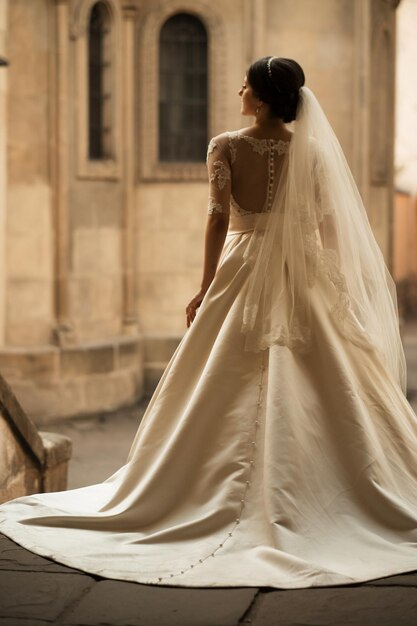 Belleza mujer novia en blanco increíble vestido de novia