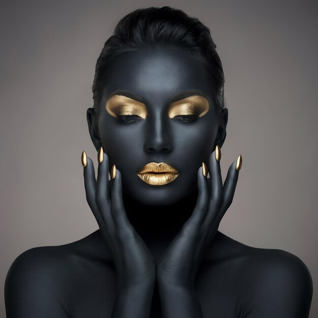 Foto belleza mujer pintada en negro color de piel arte corporal oro maquillaje labios párpados puntas de los dedos uñas en marcha